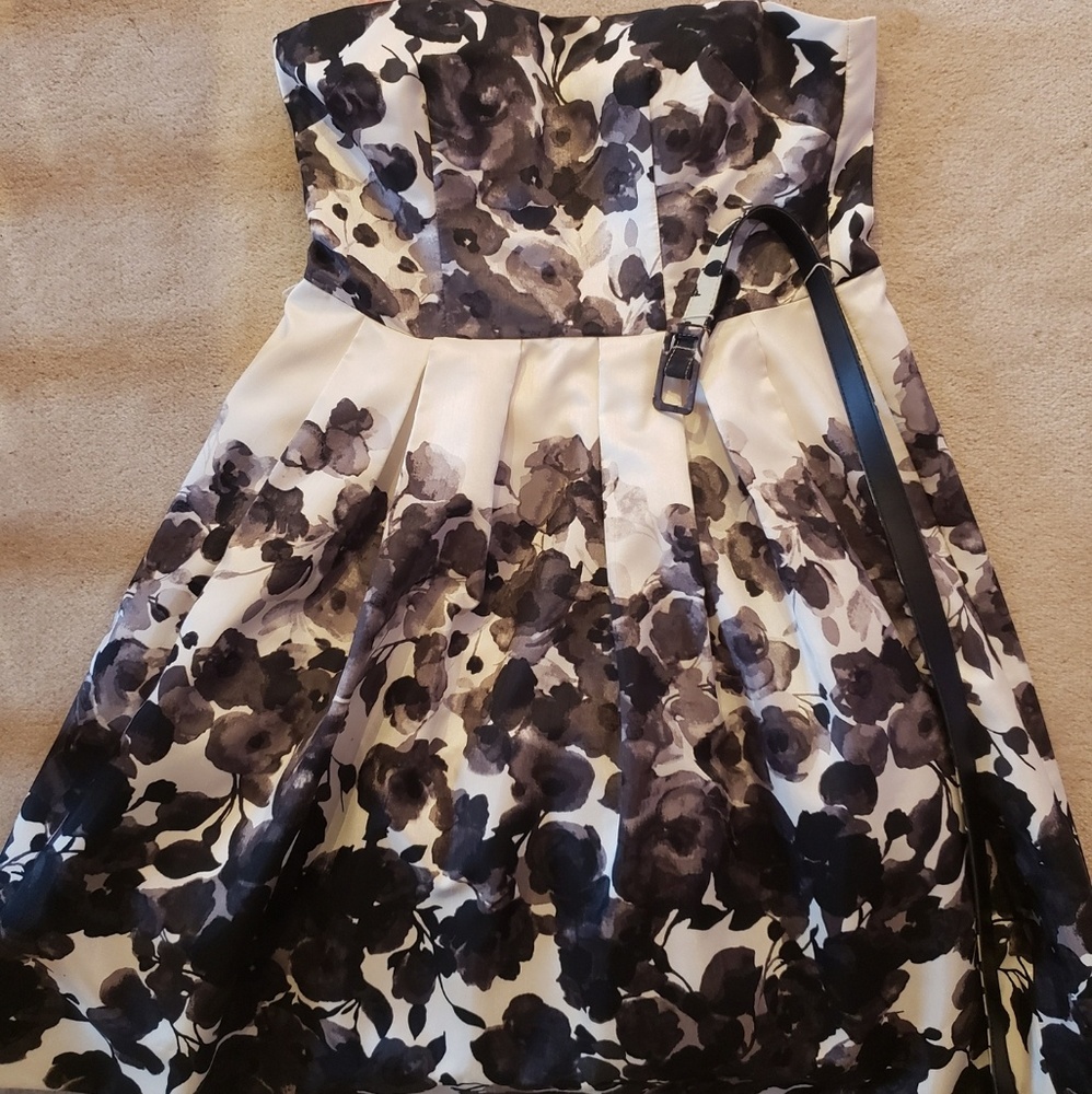 Gently worn black and off white strapless dress
